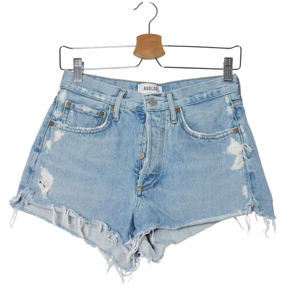 AGOLDE Parker Vintage Cut Off Short Light Wash Distressed Denim Size 24